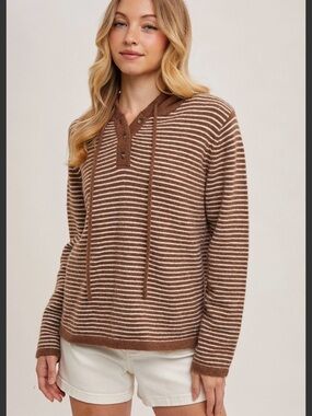 Bluivy Classic Striped Brown and Cream Hooded Henley Sweater Earth Tones